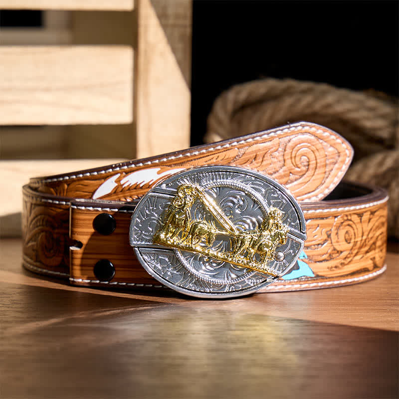 Western Horse Carriage DIY Hidden Folding Knife Gold Buckle Leather Belt - Horse Carriage - Brown Feather Belt - 40 - image 7