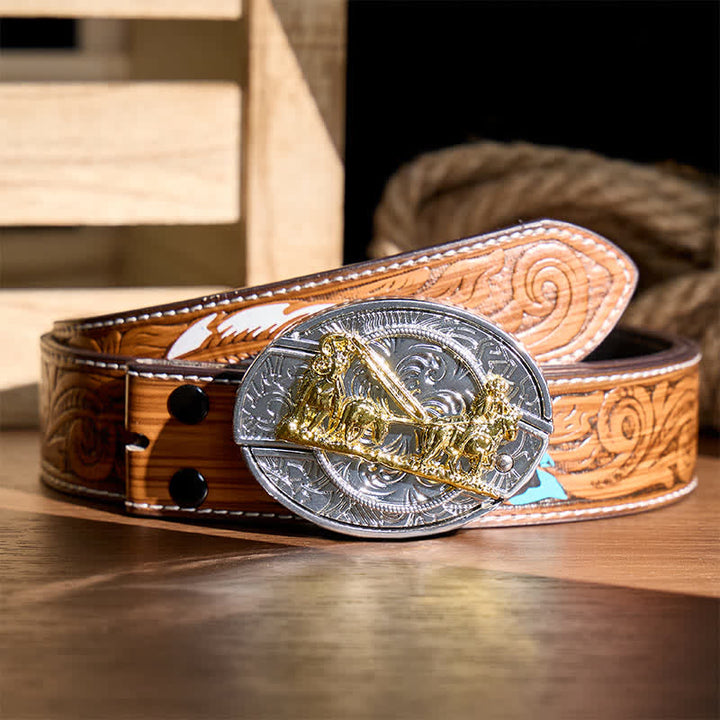 Western Horse Carriage DIY Hidden Folding Knife Gold Buckle Leather Belt - Horse Carriage - Brown Feather Belt - 40 - image 7