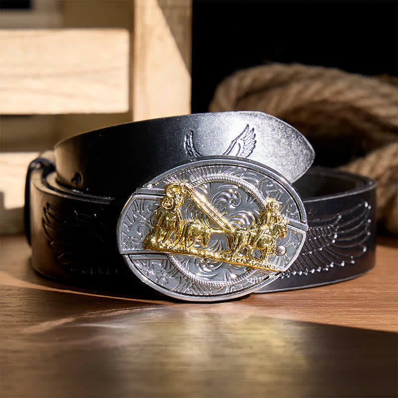 Western Horse Carriage DIY Hidden Folding Knife Gold Buckle Leather Belt - Horse Carriage - Black Embossed Eagle Belt - 42 - image 2