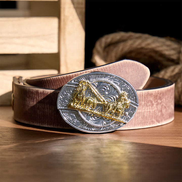 Western Horse Carriage DIY Hidden Folding Knife Gold Buckle Leather Belt - Horse Carriage - Brown Distressed Belt - 42 - image 5