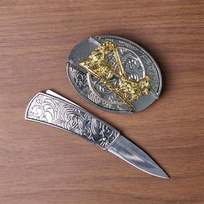 Western Horse Carriage DIY Hidden Folding Knife Gold Buckle Leather Belt - image 1