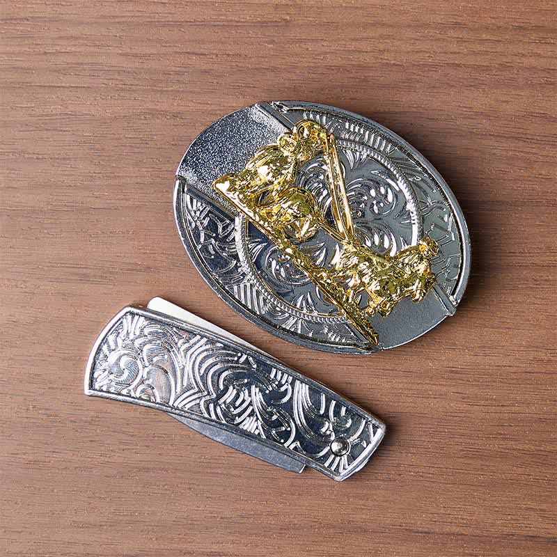 Western Horse Carriage DIY Hidden Folding Knife Gold Buckle Leather Belt - image 10