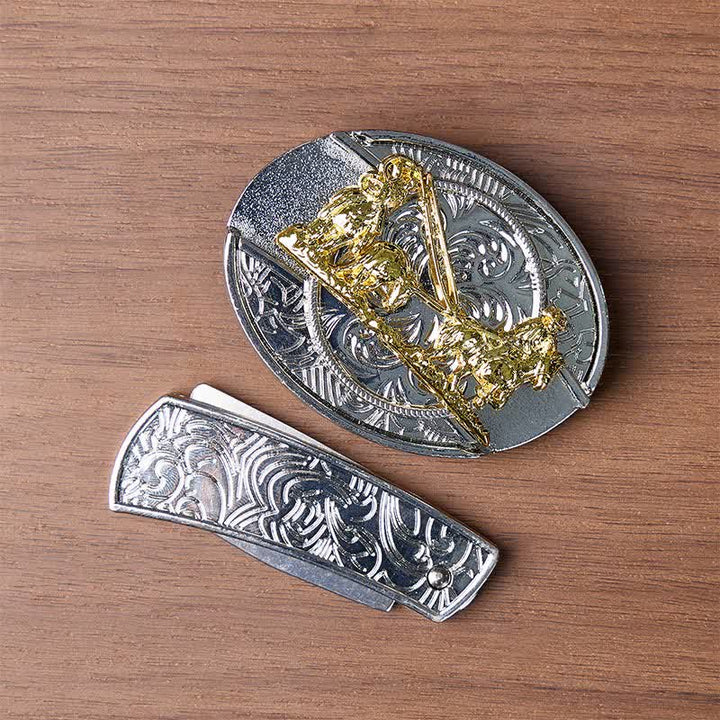 Western Horse Carriage DIY Hidden Folding Knife Gold Buckle Leather Belt - image 10