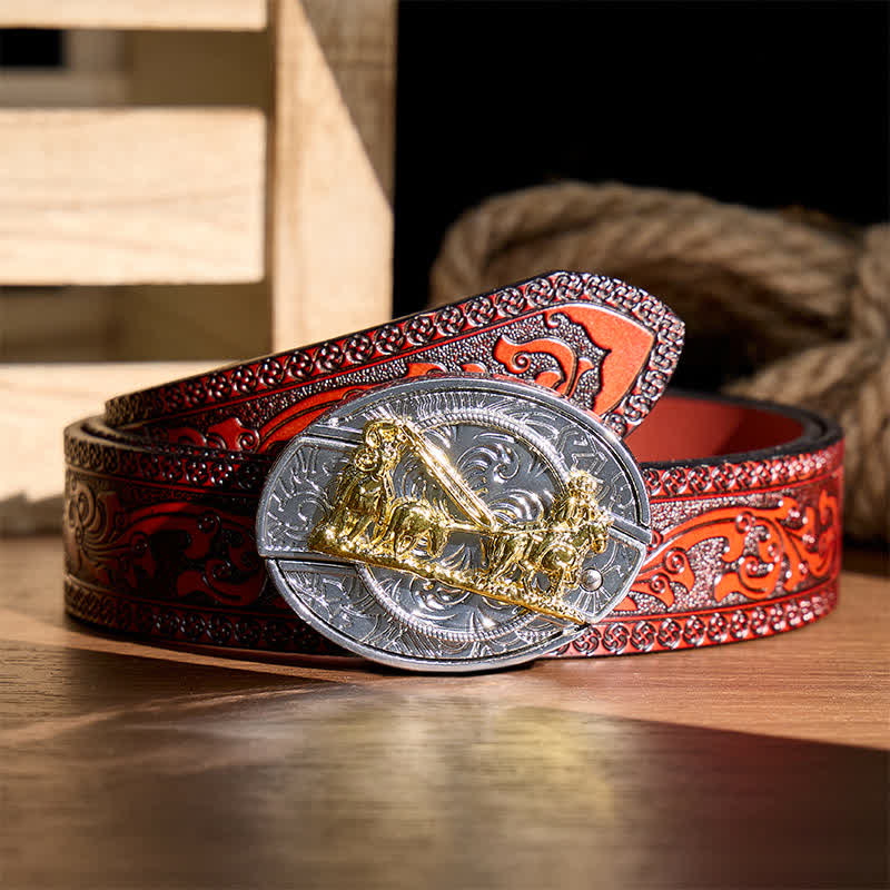 Western Horse Carriage DIY Hidden Folding Knife Gold Buckle Leather Belt - Horse Carriage - Brown Carved Belt - 42 - image 6