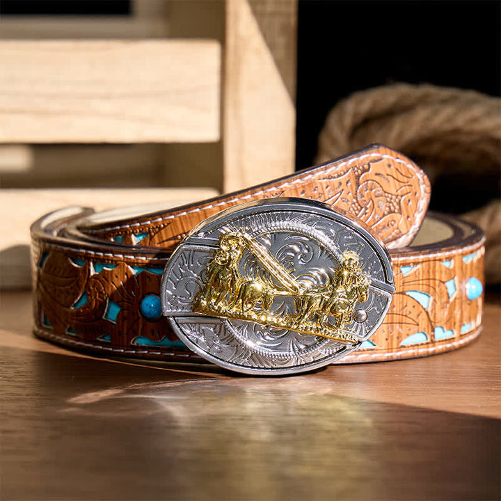 Western Horse Carriage DIY Hidden Folding Knife Gold Buckle Leather Belt - Horse Carriage - Turquoise Carved Belt - 42 - image 3