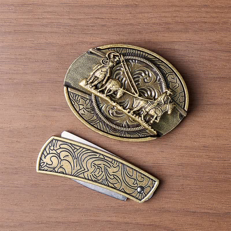 Bronze Horse Carriage DIY Hidden Folding Knife Western Buckle Leather Belt - image 10