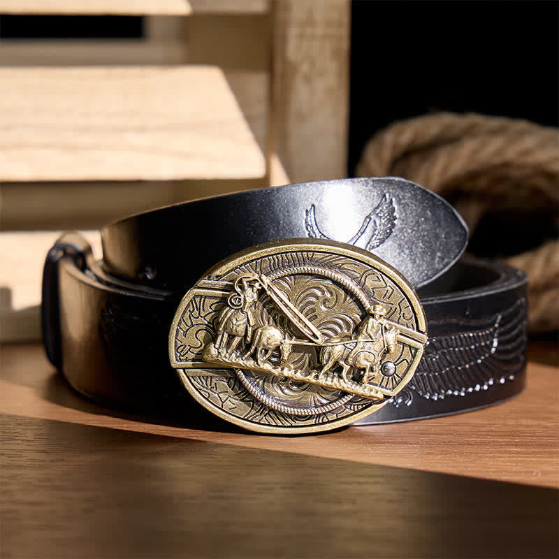 Bronze Horse Carriage DIY Hidden Folding Knife Western Buckle Leather Belt - Horse Carriage - Black Embossed Eagle Belt - 42 - image 2