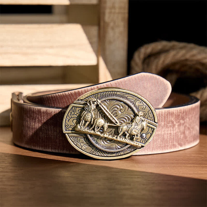 Bronze Horse Carriage DIY Hidden Folding Knife Western Buckle Leather Belt - Horse Carriage - Brown Distressed Belt - 42 - image 5