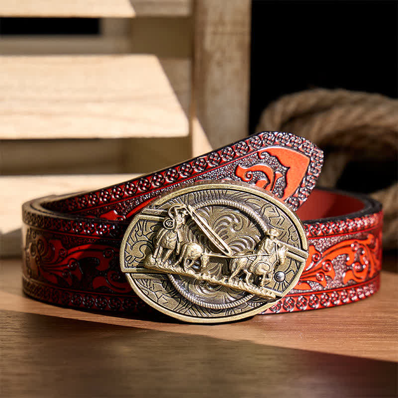 Bronze Horse Carriage DIY Hidden Folding Knife Western Buckle Leather Belt - Horse Carriage - Brown Carved Belt - 42 - image 6