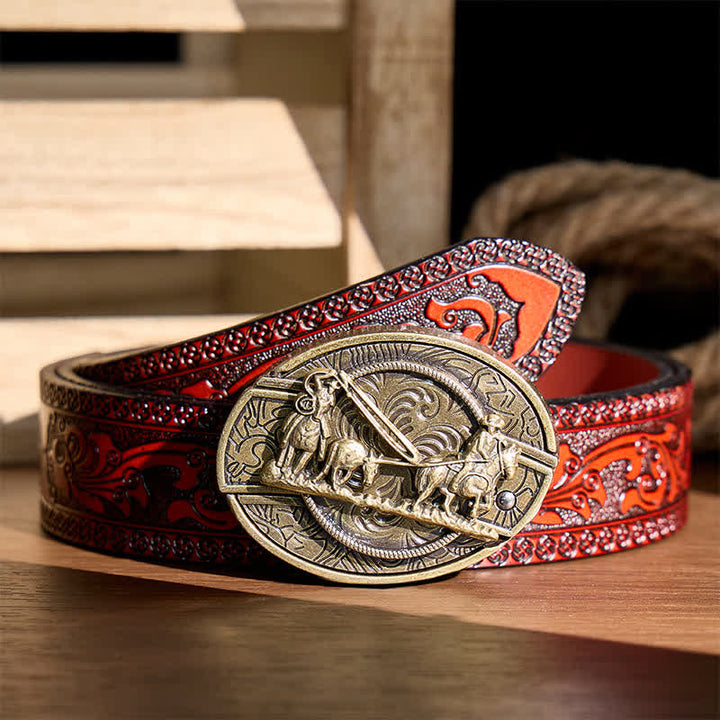 Bronze Horse Carriage DIY Hidden Folding Knife Western Buckle Leather Belt - Horse Carriage - Brown Carved Belt - 42 - image 6