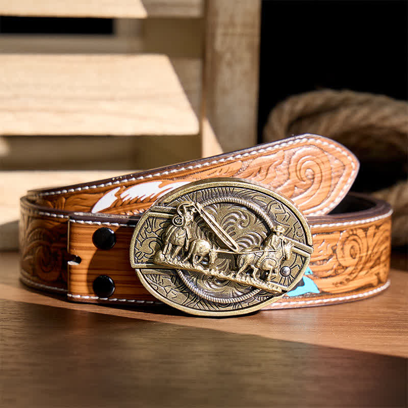 Bronze Horse Carriage DIY Hidden Folding Knife Western Buckle Leather Belt - Horse Carriage - Brown Feather Belt - 40 - image 7