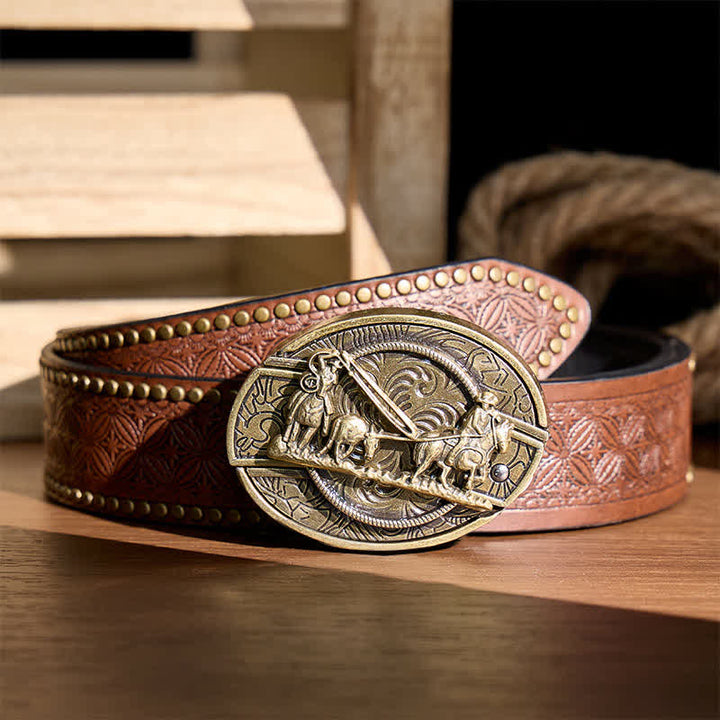 Bronze Horse Carriage DIY Hidden Folding Knife Western Buckle Leather Belt - Horse Carriage - Brown Rivet Belt - 42 - image 4