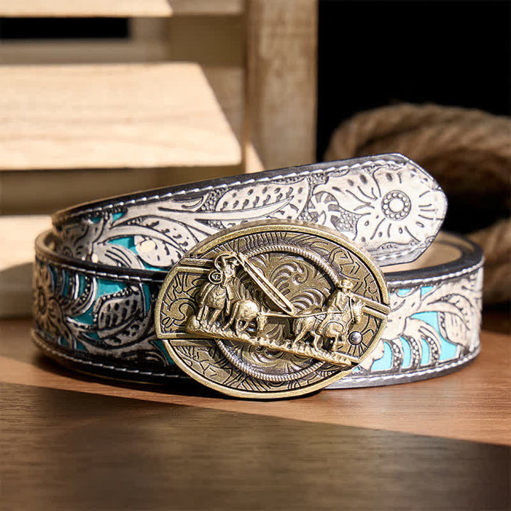 Bronze Horse Carriage DIY Hidden Folding Knife Western Buckle Leather Belt - Horse Carriage - Gray Floral Belt - 42 - image 8