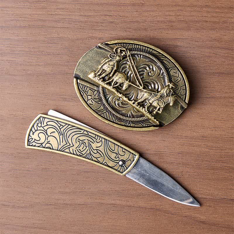 Bronze Horse Carriage DIY Hidden Folding Knife Western Buckle Leather Belt - image 1