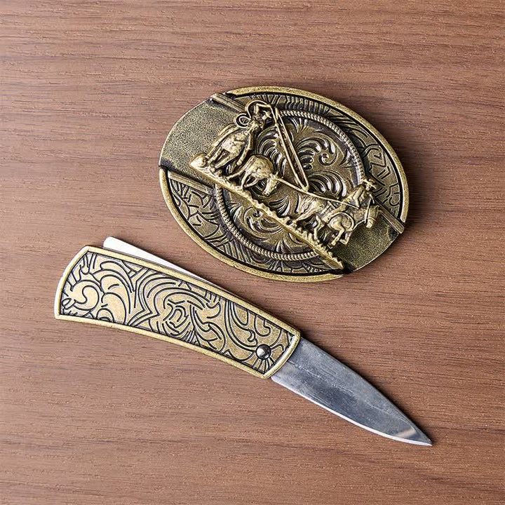 Bronze Horse Carriage DIY Hidden Folding Knife Western Buckle Leather Belt - image 1