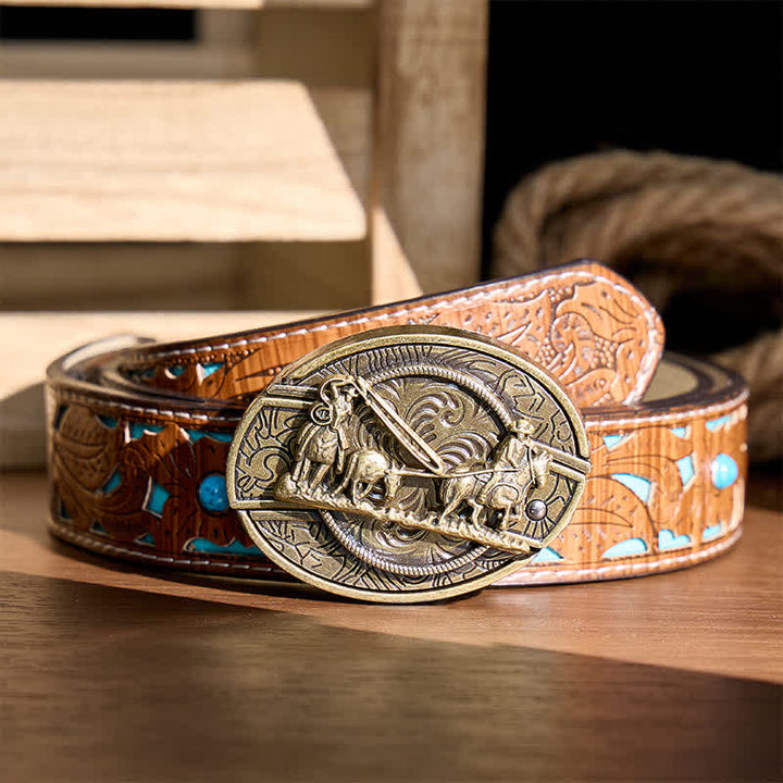 Bronze Horse Carriage DIY Hidden Folding Knife Western Buckle Leather Belt - Horse Carriage - Turquoise Carved Belt - 42 - image 3