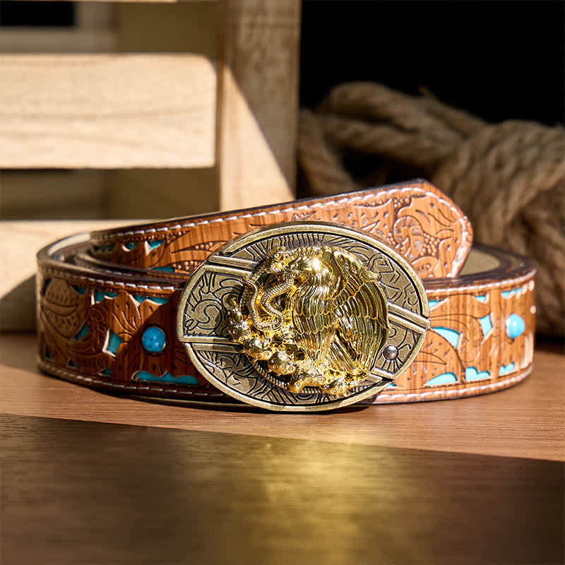 Gold Eagle Serpent DIY Hidden Folding Knife Bronze Buckle Leather Belt - Eagle & Serpent - Turquoise Carved Belt - 42 - image 3