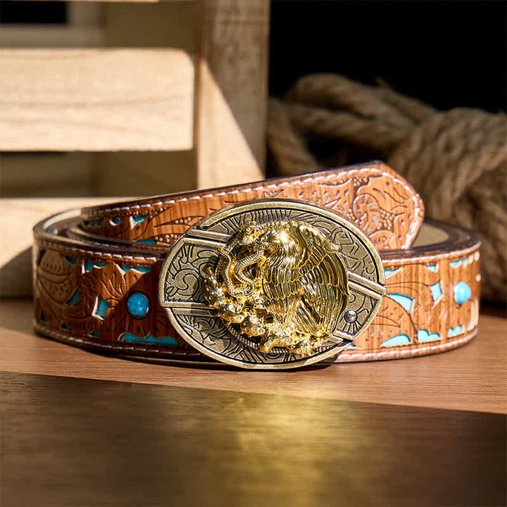 Gold Eagle Serpent DIY Hidden Folding Knife Bronze Buckle Leather Belt - Eagle & Serpent - Turquoise Carved Belt - 42 - image 3
