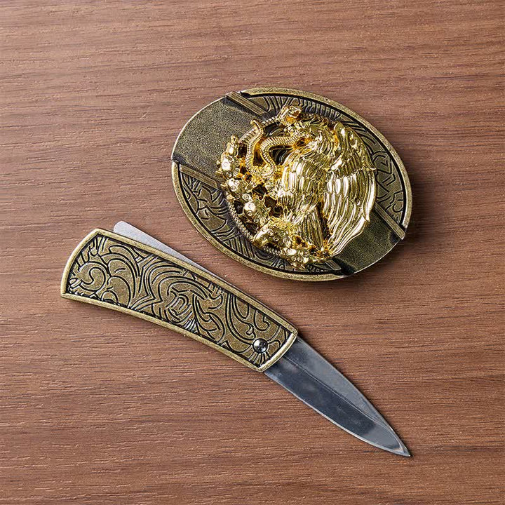 Gold Eagle Serpent DIY Hidden Folding Knife Bronze Buckle Leather Belt - image 1