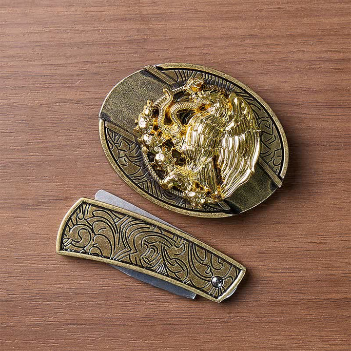 Gold Eagle Serpent DIY Hidden Folding Knife Bronze Buckle Leather Belt - image 10