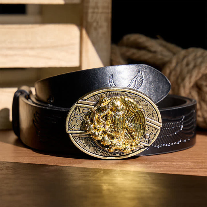 Gold Eagle Serpent DIY Hidden Folding Knife Bronze Buckle Leather Belt - Eagle & Serpent - Black Embossed Eagle Belt - 42 - image 2