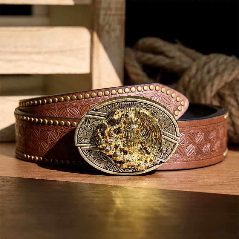 Gold Eagle Serpent DIY Hidden Folding Knife Bronze Buckle Leather Belt - Eagle & Serpent - Brown Rivet Belt - 42 - image 4