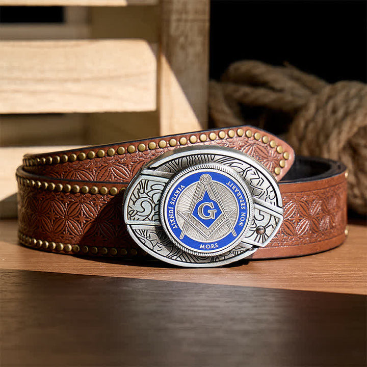 Blue Enamel Freemasonry Symbol DIY Hidden Folding Knife Buckle Leather Belt - Blue - Brown Rivet Belt - 42 - image 4
