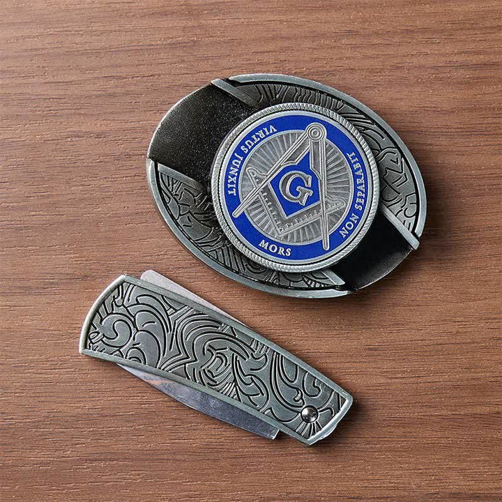 Blue Enamel Freemasonry Symbol DIY Hidden Folding Knife Buckle Leather Belt - image 10