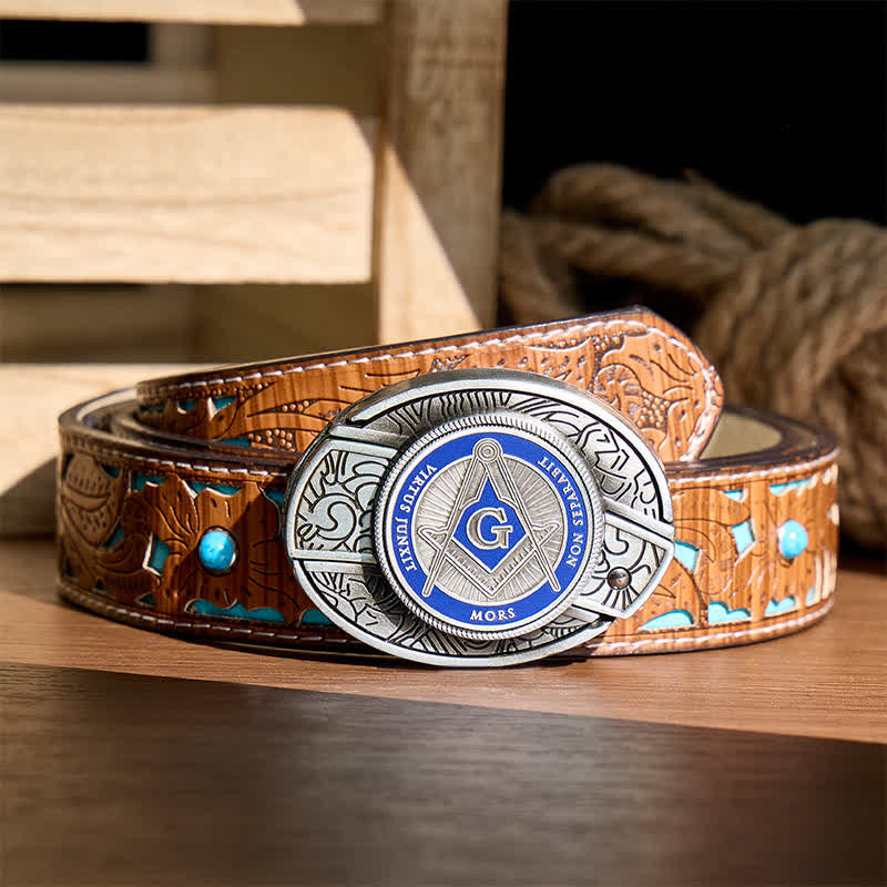 Blue Enamel Freemasonry Symbol DIY Hidden Folding Knife Buckle Leather Belt - Blue - Turquoise Carved Belt - 42 - image 3