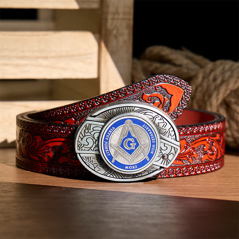 Blue Enamel Freemasonry Symbol DIY Hidden Folding Knife Buckle Leather Belt - Blue - Brown Carved Belt - 42 - image 6