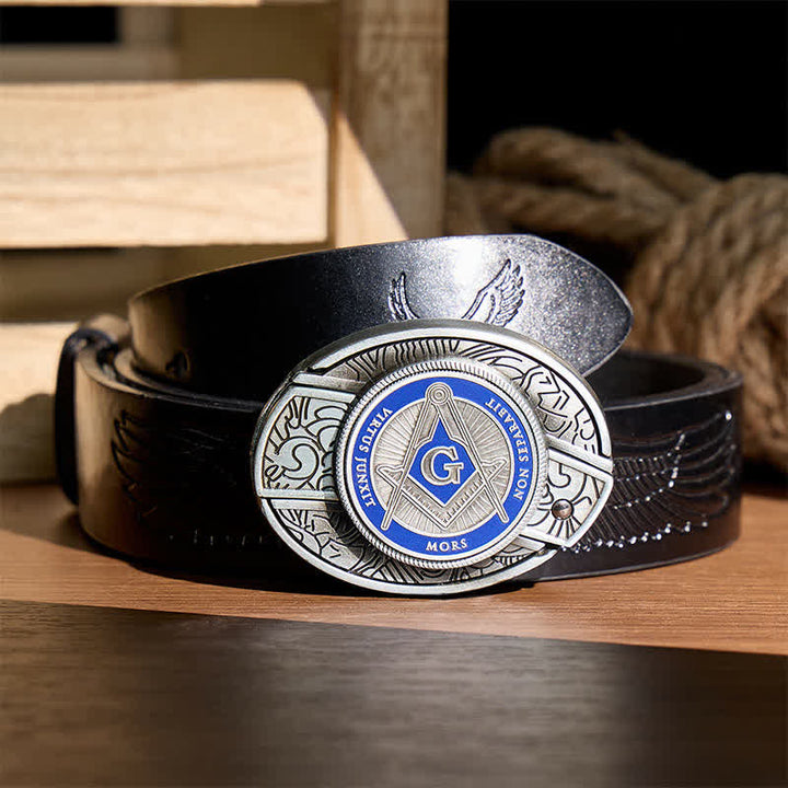 Blue Enamel Freemasonry Symbol DIY Hidden Folding Knife Buckle Leather Belt - Blue - Black Embossed Eagle Belt - 42 - image 2