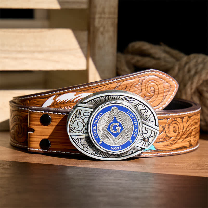Blue Enamel Freemasonry Symbol DIY Hidden Folding Knife Buckle Leather Belt - Blue - Brown Feather Belt - 40 - image 7