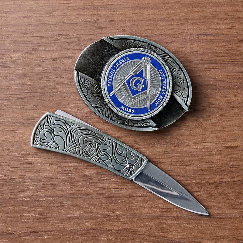Blue Enamel Freemasonry Symbol DIY Hidden Folding Knife Buckle Leather Belt - image 1