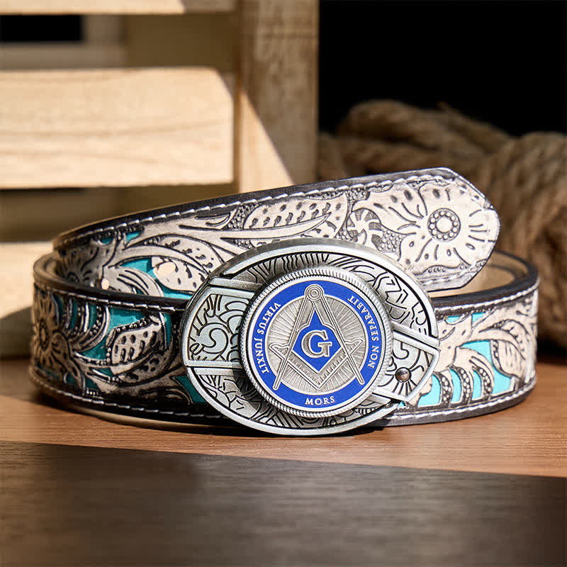 Blue Enamel Freemasonry Symbol DIY Hidden Folding Knife Buckle Leather Belt - Blue - Gray Floral Belt - 42 - image 8