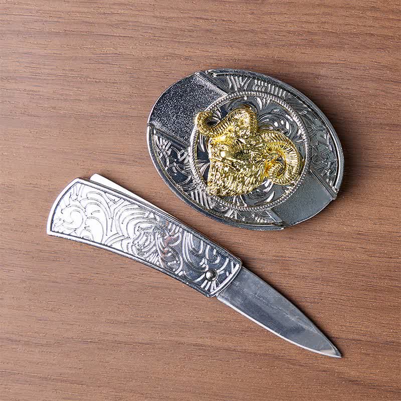 Silver & Gold Ram Skull Head DIY Hidden Folding Knife Buckle Leather Belt - image 1