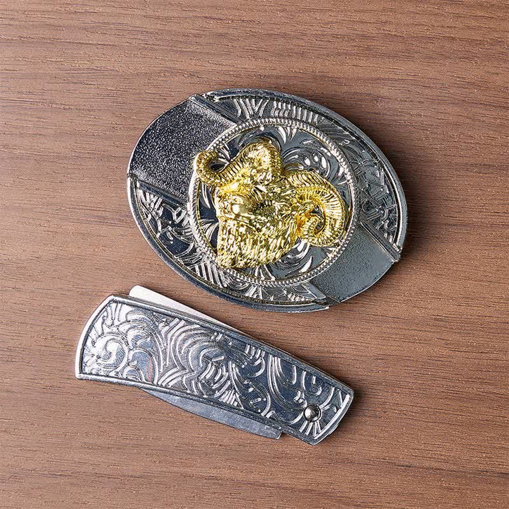 Silver & Gold Ram Skull Head DIY Hidden Folding Knife Buckle Leather Belt - image 10