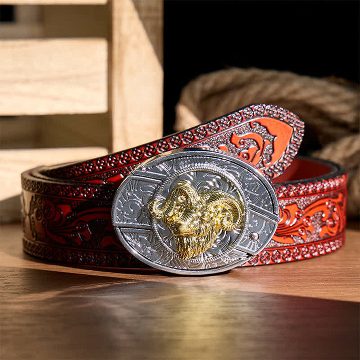 Silver & Gold Ram Skull Head DIY Hidden Folding Knife Buckle Leather Belt - Ram Skull Head - Brown Carved Belt - 42 - image 6