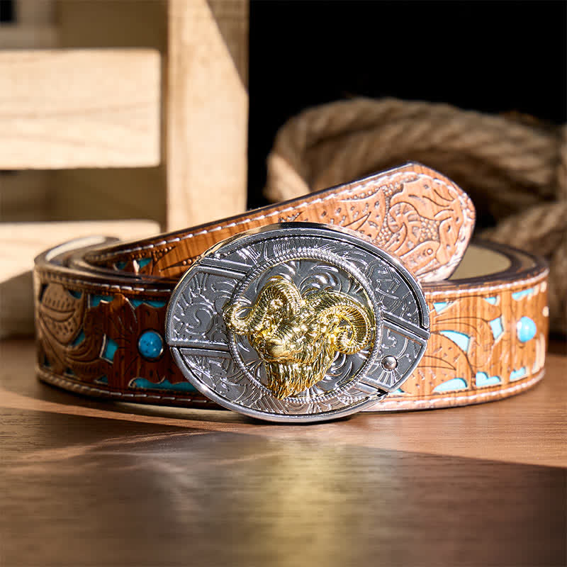Silver & Gold Ram Skull Head DIY Hidden Folding Knife Buckle Leather Belt - Ram Skull Head - Turquoise Carved Belt - 42 - image 3