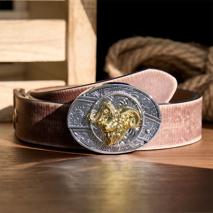 Silver & Gold Ram Skull Head DIY Hidden Folding Knife Buckle Leather Belt - Ram Skull Head - Brown Distressed Belt - 42 - image 5