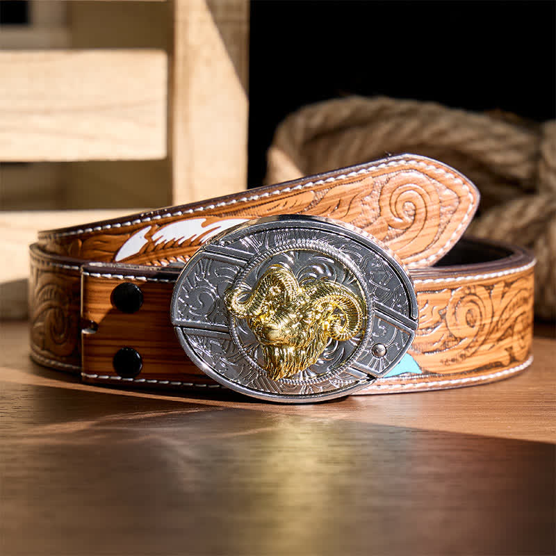 Silver & Gold Ram Skull Head DIY Hidden Folding Knife Buckle Leather Belt - Ram Skull Head - Brown Feather Belt - 40 - image 7