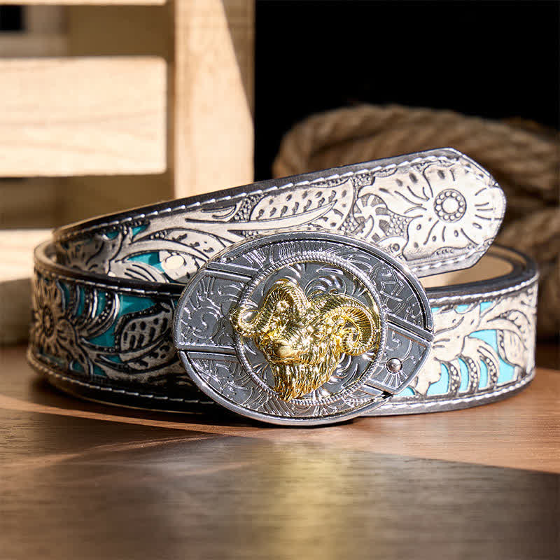 Silver & Gold Ram Skull Head DIY Hidden Folding Knife Buckle Leather Belt - Ram Skull Head - Gray Floral Belt - 42 - image 8