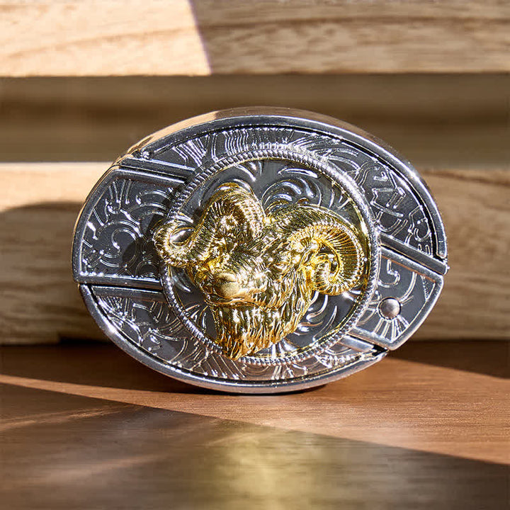 Silver & Gold Ram Skull Head DIY Hidden Folding Knife Buckle Leather Belt - Ram Skull Head - Without Belt - Not Included Belt - image 0
