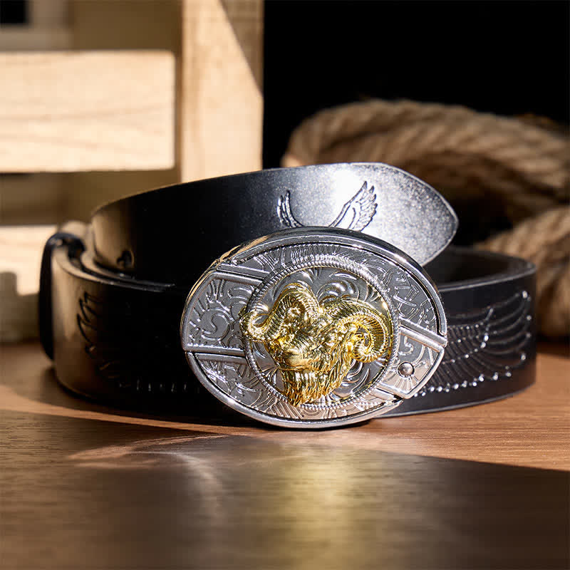 Silver & Gold Ram Skull Head DIY Hidden Folding Knife Buckle Leather Belt - Ram Skull Head - Black Embossed Eagle Belt - 42 - image 2
