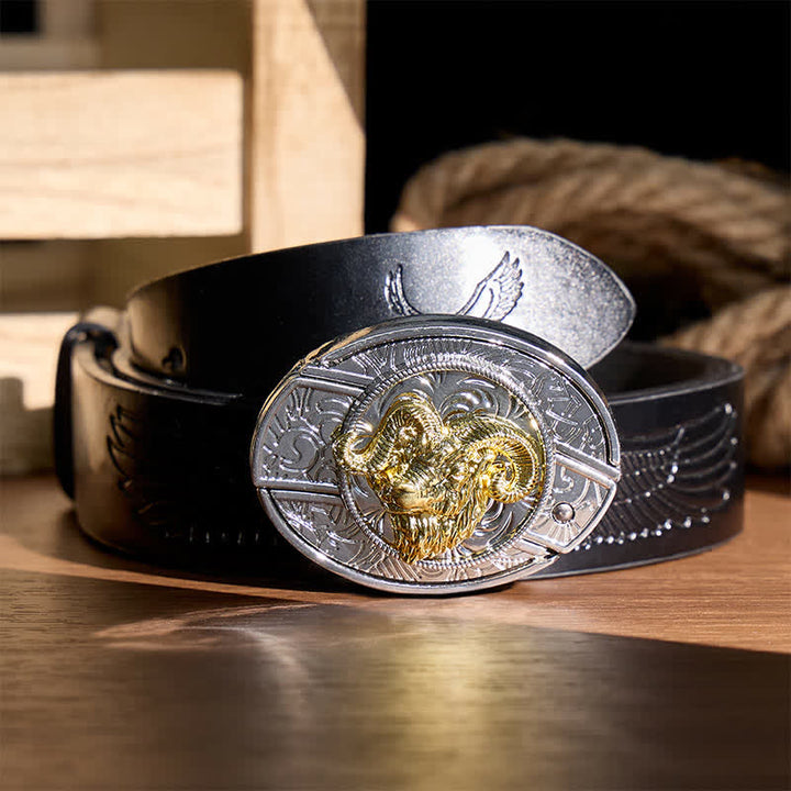 Silver & Gold Ram Skull Head DIY Hidden Folding Knife Buckle Leather Belt - Ram Skull Head - Black Embossed Eagle Belt - 42 - image 2