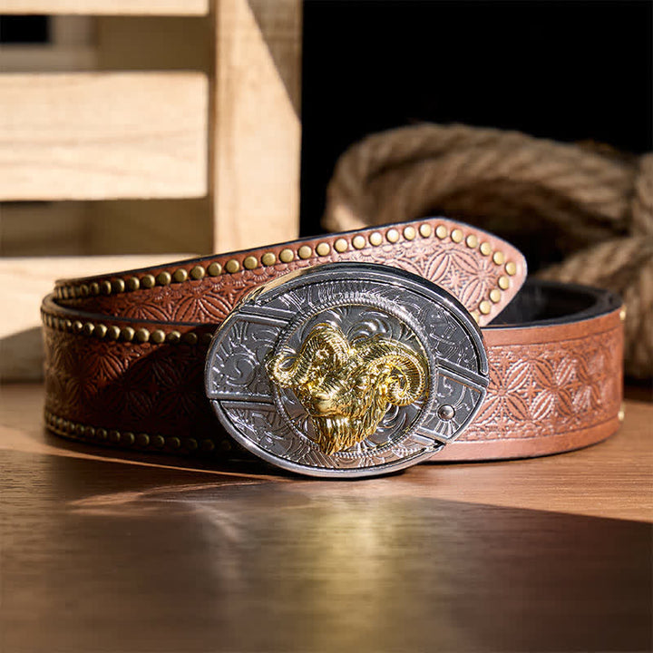 Silver & Gold Ram Skull Head DIY Hidden Folding Knife Buckle Leather Belt - Ram Skull Head - Brown Rivet Belt - 42 - image 4