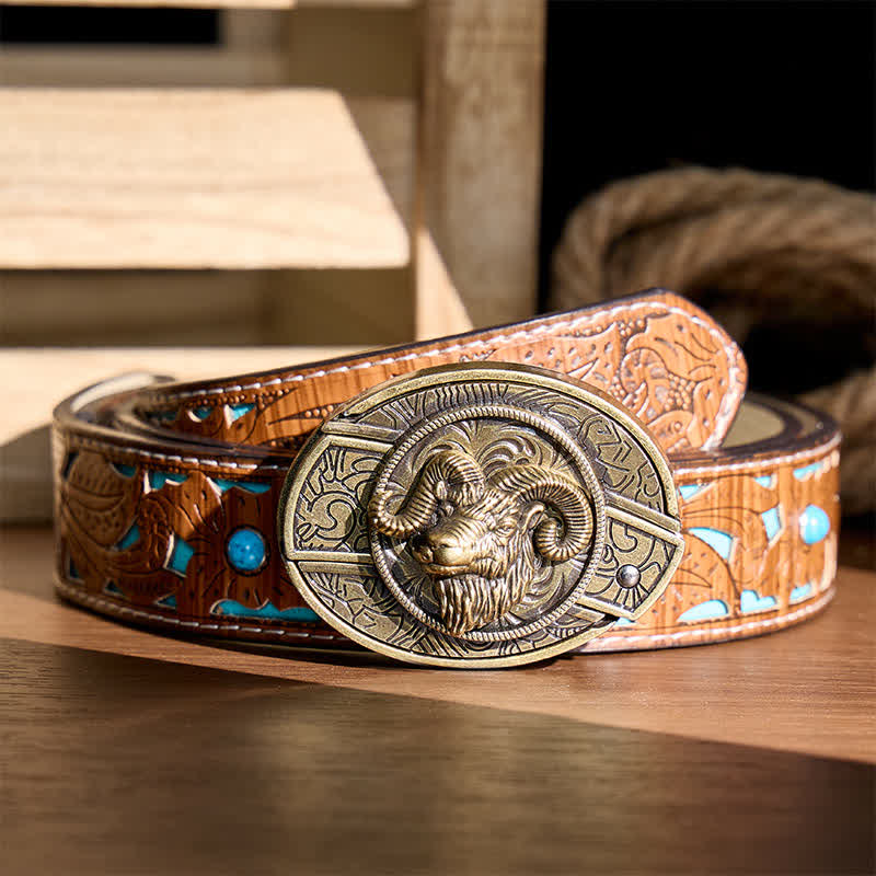 Antique Bronze Ram Skull Head DIY Hidden Folding Knife Buckle Leather Belt - Ram Skull Head - Turquoise Carved Belt - 42 - image 3