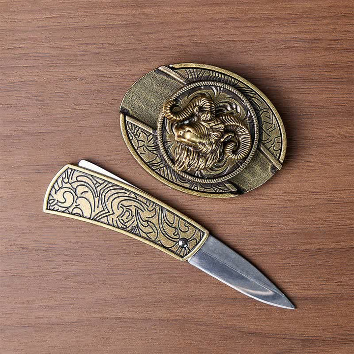 Antique Bronze Ram Skull Head DIY Hidden Folding Knife Buckle Leather Belt - image 1