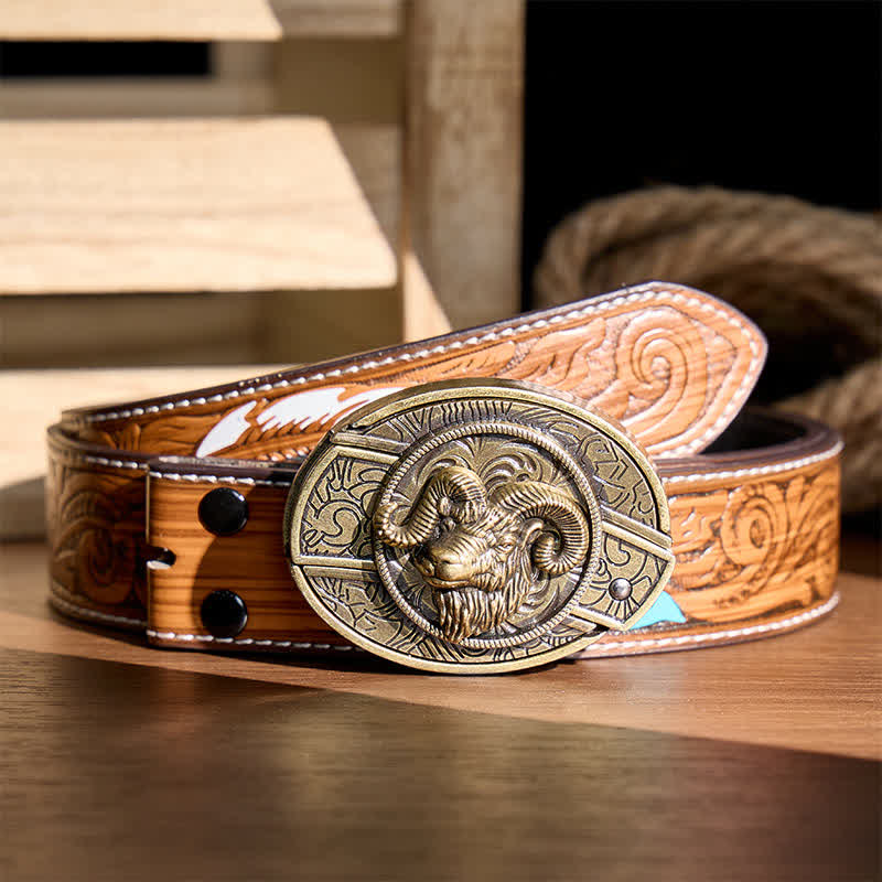 Antique Bronze Ram Skull Head DIY Hidden Folding Knife Buckle Leather Belt - Ram Skull Head - Brown Feather Belt - 40 - image 7