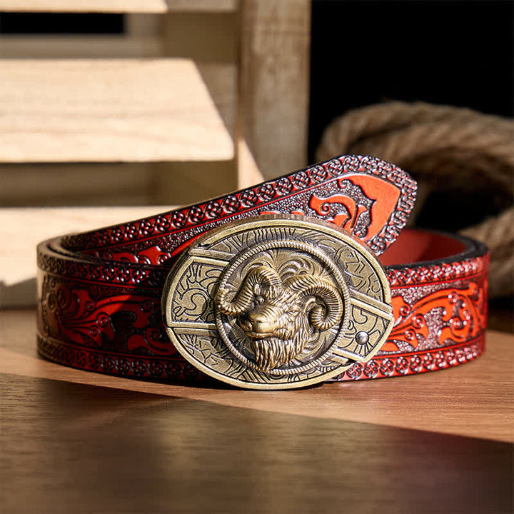 Antique Bronze Ram Skull Head DIY Hidden Folding Knife Buckle Leather Belt - Ram Skull Head - Brown Carved Belt - 42 - image 6