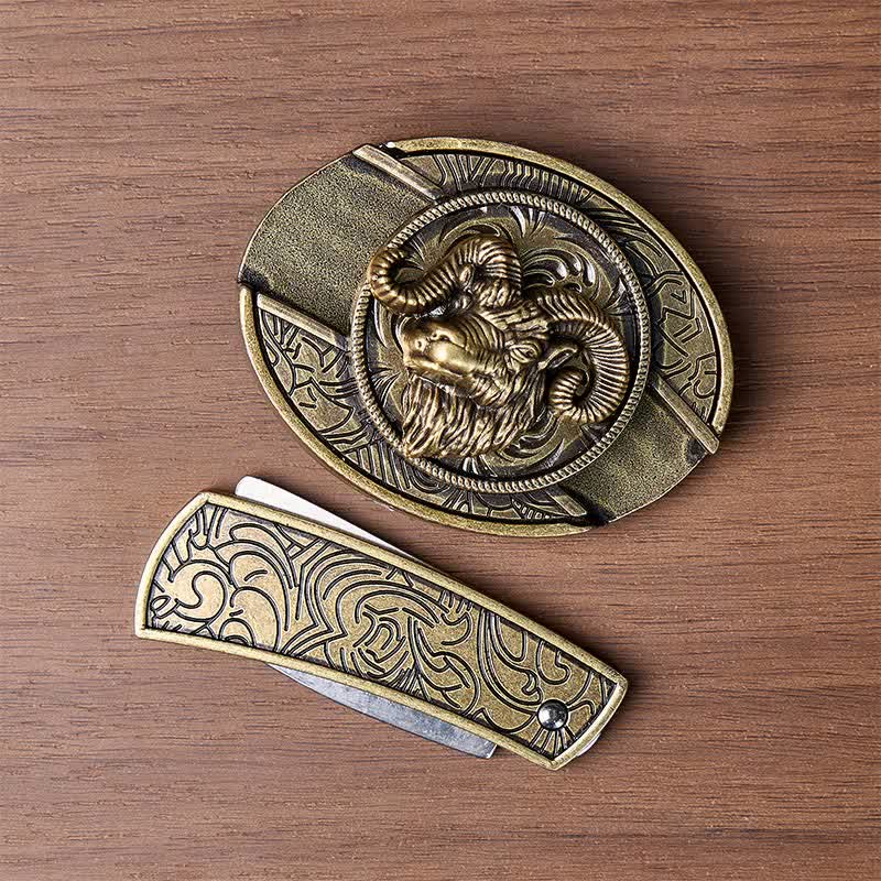 Antique Bronze Ram Skull Head DIY Hidden Folding Knife Buckle Leather Belt - image 9